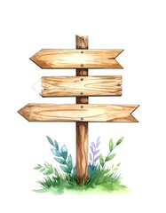 Naklejka premium Watercolor illustration of a wooden signpost with three arrows indicating directions, decorated with grass and leaves