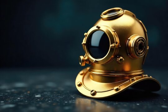 Close-up shot of a glistening gold diving helmet, reflecting light, resting on a dark, textured surface; perfect for adventure, treasure, or underwater themes , history, exploration