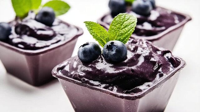 Close-up shot of three cups of various foods topped with fresh blueberries
