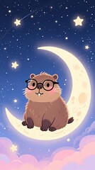 cute capybara with glasses sitting on a crescent moon pastel night sky with stars dreamy illustration vertical composition