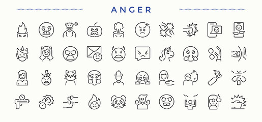 Anger linear icon set. Includes thin line symbols attack, reaction, anger, aggressive. Aggressive icon set. Isolated icons. Pixel perfect. Editable stroke.