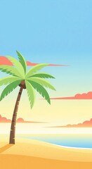Obraz premium Minimal Tropical Beach with Palm Tree. Flat Vector Pastel Background.