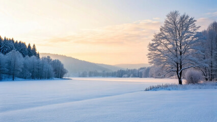 A tranquil winter scene features a frozen lake surrounded by snow-covered trees and rolling hills. Soft sunlight bathes the landscape in warm hues, celebrating the holiday spirit