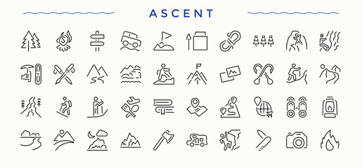 Ascent icon pack. Containing mountain, travel, camping, adventure, tour, tourism and more. Tourism related icon set. Thin line icons set. Editable vector art and illustration.
