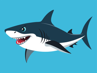 Fototapeta premium Vector art of a cartoon illustration of a great white shark with sharp teeth and an open mouth, swimming in the ocean