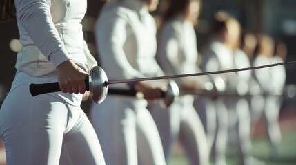 The women's fencing team is waiting for the start of training.
A close—up of an athlete's hand with a rapier, with a row of girls in white gear in the background.