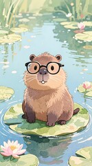 cute capybara with nerdy glasses sitting on a lily pad in a serene pond pastel watercolor style vertical composition playful.