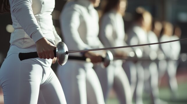 The women's fencing team is waiting for the start of training.
A close—up of an athlete's hand with a rapier, with a row of girls in white gear in the background. - Powered by Adobe