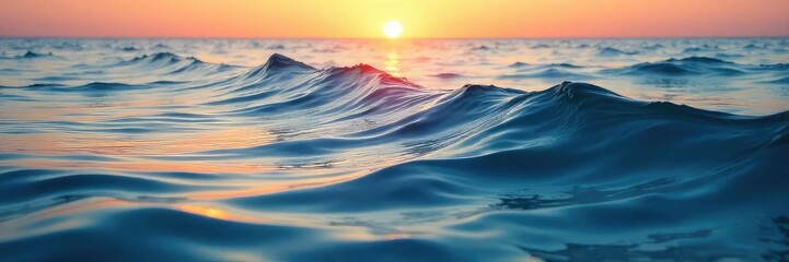 Serene, repeating wave pattern on a tranquil ocean surface at sunset  Gentle ripples create a soothing visual rhythm, perfect for meditation or relaxation themes ,  sunrise,  ripple