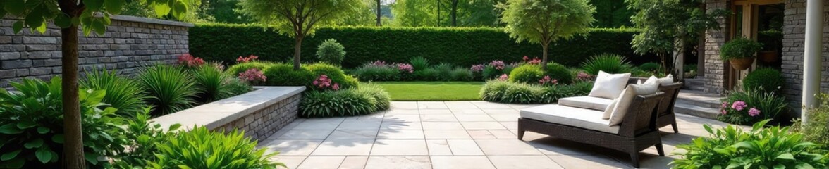 Serene patio landscape design featuring lush greenery, elegant stonework, and comfortable seating Perfect for relaxation and outdoor entertaining , home improvement, pathways