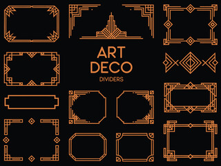 Retro art deco vector dividers and golden decorative frames for wedding card and elegant invitation