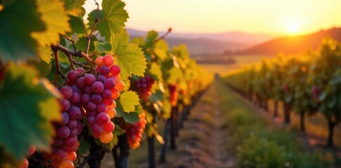 Sun-drenched vineyard bursting with ripe grapes ready for harvest Golden hour light illuminates the rows of vines heavy with fruit A picturesque autumn scene , berries, ripe