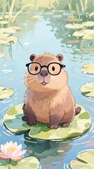 cute capybara with nerdy glasses sitting on a lily pad in a serene pond pastel watercolor style vertical composition playful.