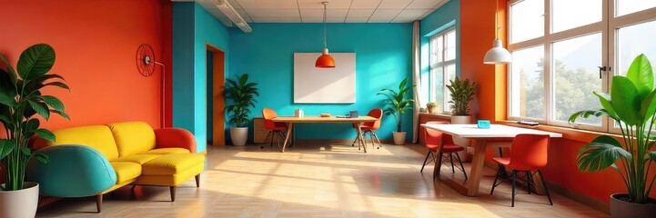 Vibrant, modern office space featuring a bold color scheme Walls, furniture, and accessories showcase a playful and energetic use of color to boost creativity and productivity , teal, silver, color