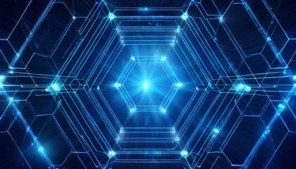 glowing blue hexagonal network with interconnected nodes abstract background