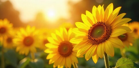 Obraz premium Vibrant sunflowers bathed in golden sunlight, their faces turned towards the sun, creating a cheerful and radiant scene Perfect for summer, happiness, and nature themes , stems, plant