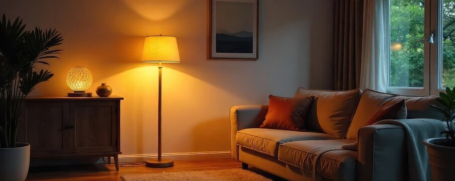 Warm, inviting glow from a stylish floor lamp illuminating a cozy living room corner Perfect for home decor, interior design, and lifestyle blogs , furniture, home style, interior