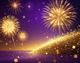 Golden fireworks burst against a deep purple night sky