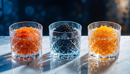 Colorful presentable drinks, a set of three glasses containing elegant drinking experience for famous bars in town