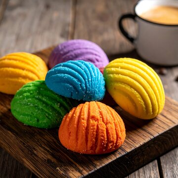 Vividly colored, shell-shaped pastries sit on a wooden board, alongside a cup of coffee, offering a colorful treat