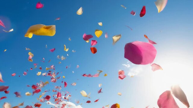 青空にカラフルなたくさんの花びらがゆっくりと舞う