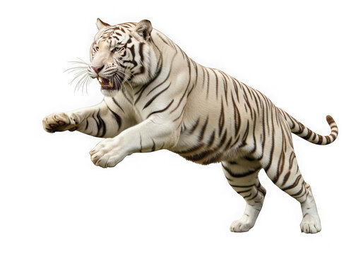 Majestic white bengal tiger leaping with powerful grace against a dark setting isolated on transparent background