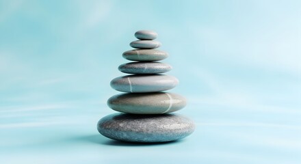 Obraz premium Zen stones stacked in perfect balance convey peace and wellness, a calming scene for meditation, yoga, or creating a relaxing spa atmosphere