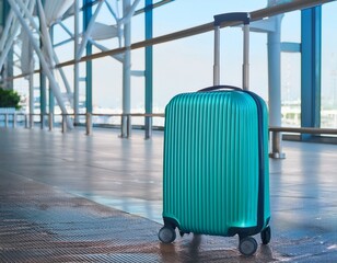 turquoise rolling suitcase is waiting a modern airport terminal or train station ready for business a trip or vacation