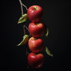 Four red apples on a branch against a dark background