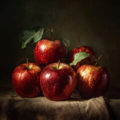 Five red apples with green leaves in a classic still life setting