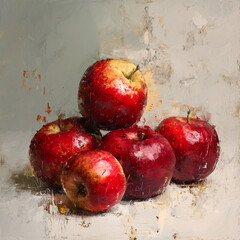 Artistic painting of five red apples on light background