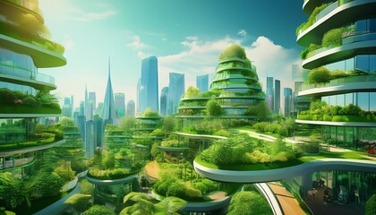 Obraz premium a modern eco friendly cityscape features green buildings and lush terraces highlighting sustainable urban design amid a vibrant skyline