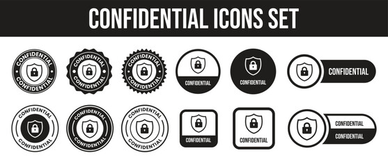 Confidential label set. Confidential stamp badge, top secret label, confidential seal, security sign, private information sticker, confidential logo, secret mark, classified confidential stamp design.