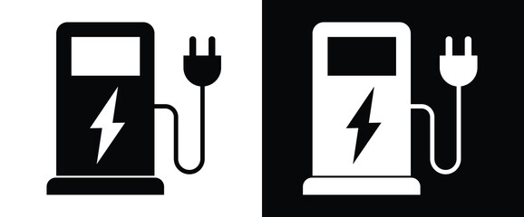 Electric vehicle EV charging station sign set. Car EV parking sign. Electric car charging point icons. Electric car with plug icon symbol. Only while charging. Vector Illustration.