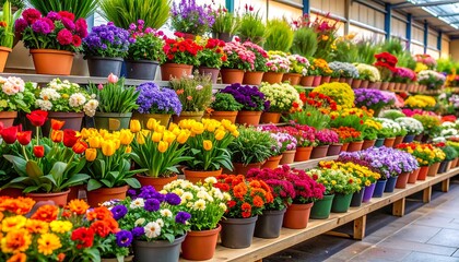 Vibrant Flower Display in a Greenhouse.