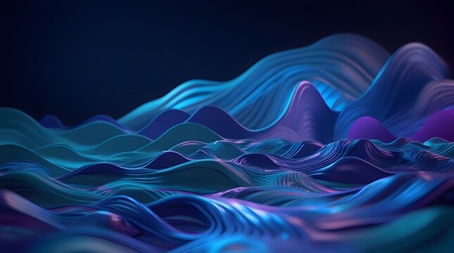 Modern digital abstract 3D background with vibrant colors and dynamic shapes, featuring a futuristic landscape with undulating waves and swirling patterns, set against a deep blue or purple gradient s