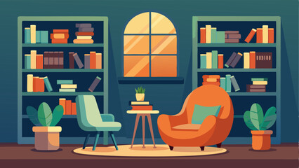 A cozy reading nook with floortoceiling bookshelves and padded chairs.