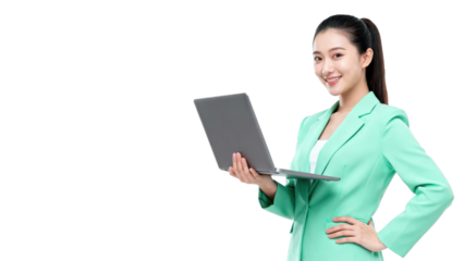 Professional woman holding a laptop and smiling confidently.