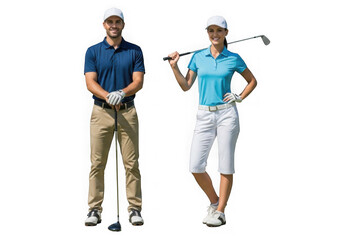 Male and female golfers posing with clubs ready for a day on the green isolated on transparent background