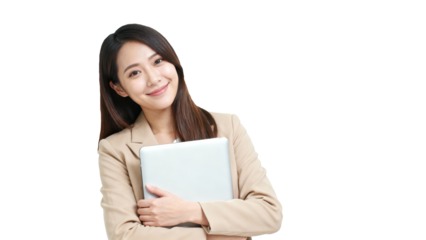 Smiling woman holding a laptop in a professional outfit.