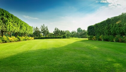 Naklejka premium Green Grass Smooth Lawn With Bush Shrubs Trees On Background