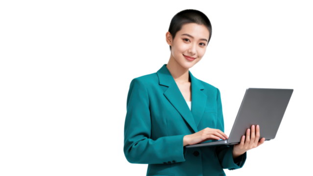 Professional woman using a laptop computer with a confident smile.