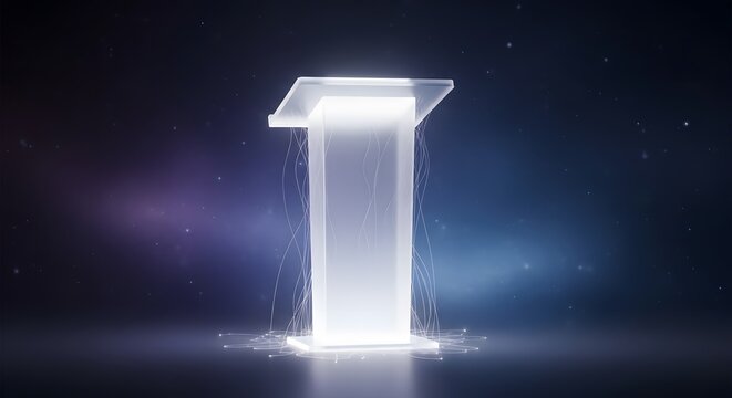 Elegant presentation podium glowing with subtle light on a cosmic background, ideal for keynote speeches or product reveals with a futuristic vibe
