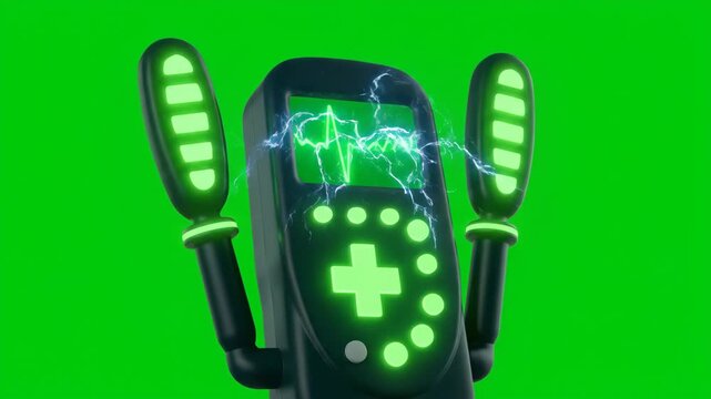 Defibrillator with green screen background for medical emergencies.