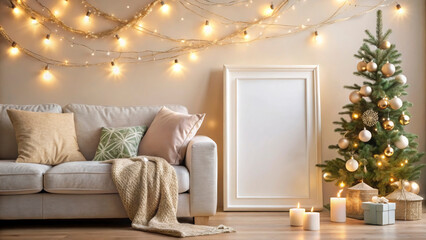 A warm and inviting living room features a beautifully decorated Christmas tree, soft lighting, and cozy elements for the 2026 holiday season. Themes of comfort and joy are present