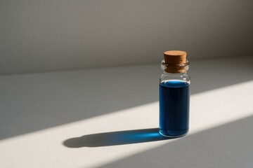 Small glass vial filled with deep indigo liquid under soft sunlight, creating a rich blue reflection and elegant minimalist composition with natural shadows