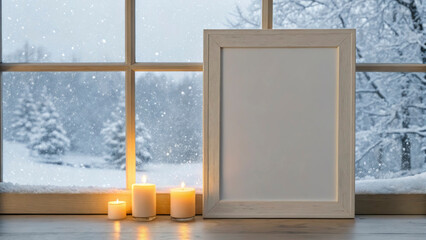 A tranquil winter setting shows a blank frame beside glowing candles. Snowflakes fall outside the window, revealing a serene landscape with snow-covered trees during the 2026 holiday season