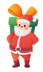 Vector illustration of Santa Claus with big green gift box and yellow bow. Cute festive Christmas character for winter holiday design, greeting card, or poster.