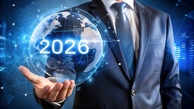 Businessman pressing virtual button on touchscreen interface 2026