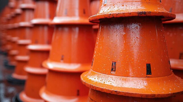 Fire hydrants lined up together, orange in color, suitable for cityscape or urban architecture photoshoots